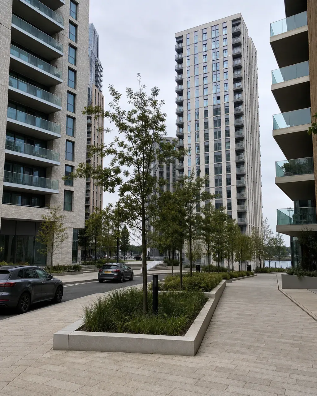 Tall new build apartment towers in pale brick and glass at Nine Elms, with wide paving, glass balconies and young trees in formal planting beds